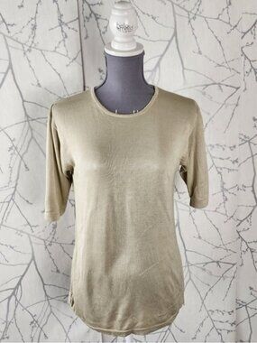 Holt Renfrew Beige 100% Silk Knit Crewneck Short Sleeve Top